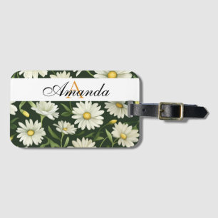 Watercolor White & Green Daisy Pattern Monogramed Luggage Tag