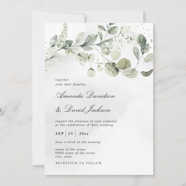 Watercolor White Green Foliage Eucalyptus Wedding Invitation (Front)