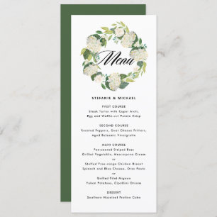 Watercolor White Hydrangea Flowers Wreath Wedding Menu