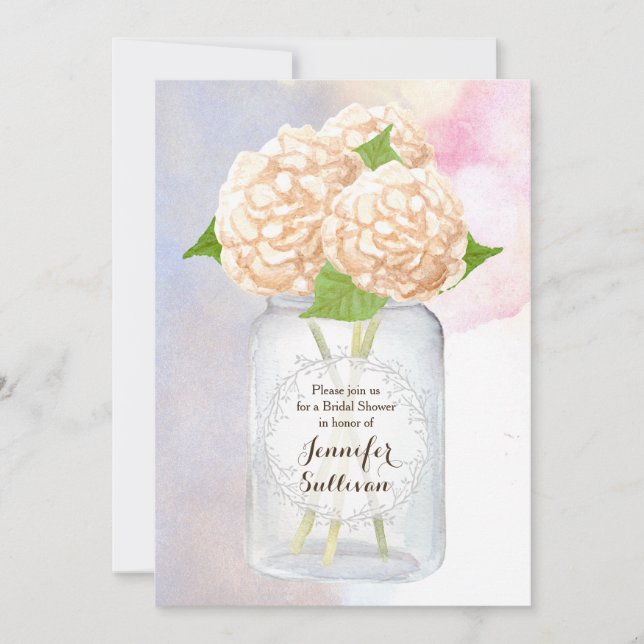Watercolor White Hydrangea Mason Jar Bridal Shower Invitation (Front)