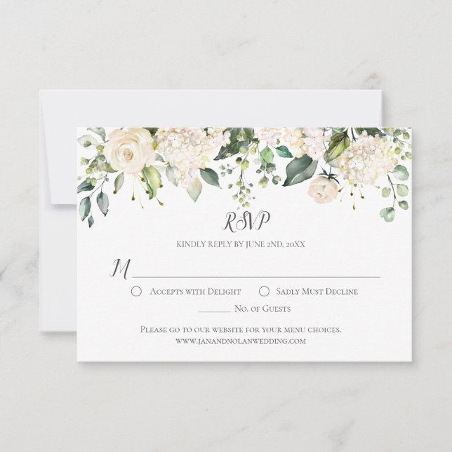 Watercolor White Hydrangeasand Roses Greenery RSVP Card (Front)