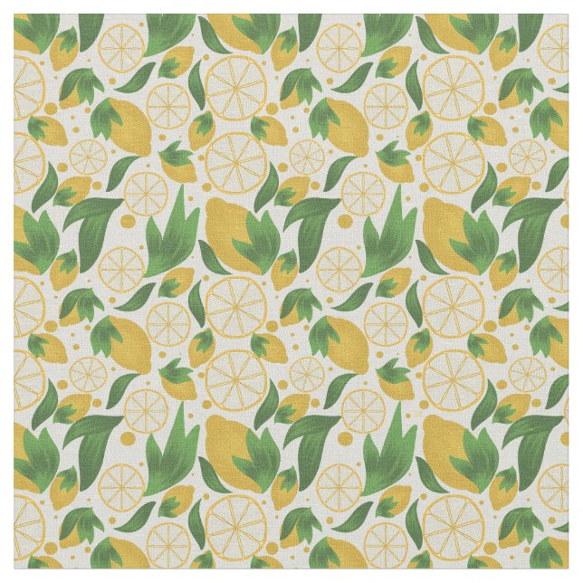 Watercolor White Lemon Fruit Pattern  Fabric (Close Up)