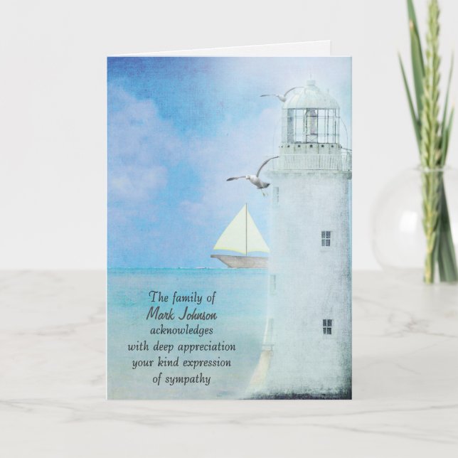 Watercolor White Lighthouse Sympathy Thank You Card (Front)