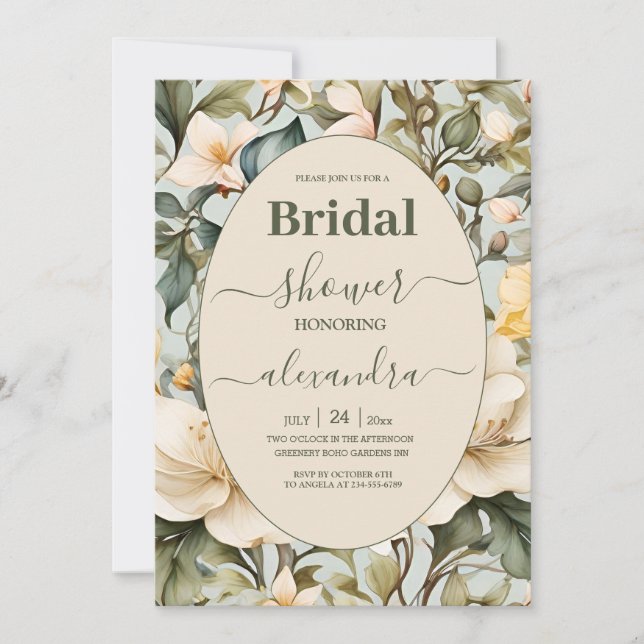 Watercolor White Lily  Art Nouveau Bridal Shower Invitation (Front)