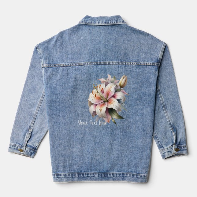 Watercolor White Lily Bouquet & Text Denim Jacket (Back)