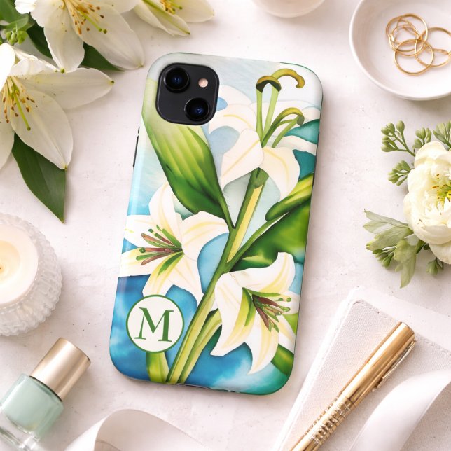 Watercolor White Lily with Monogram  Case-Mate iPhone Case (Creator Uploaded)