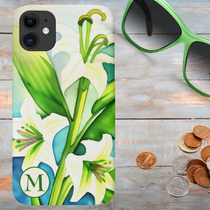 Watercolor White Lily with Monogram  iPhone 11 Case