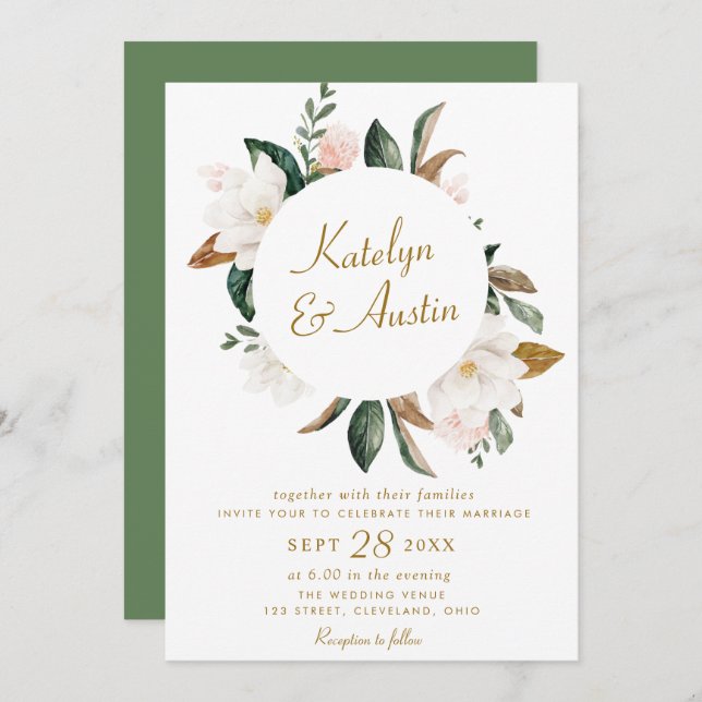 Watercolor white magnolia floral wedding invitation (Front/Back)
