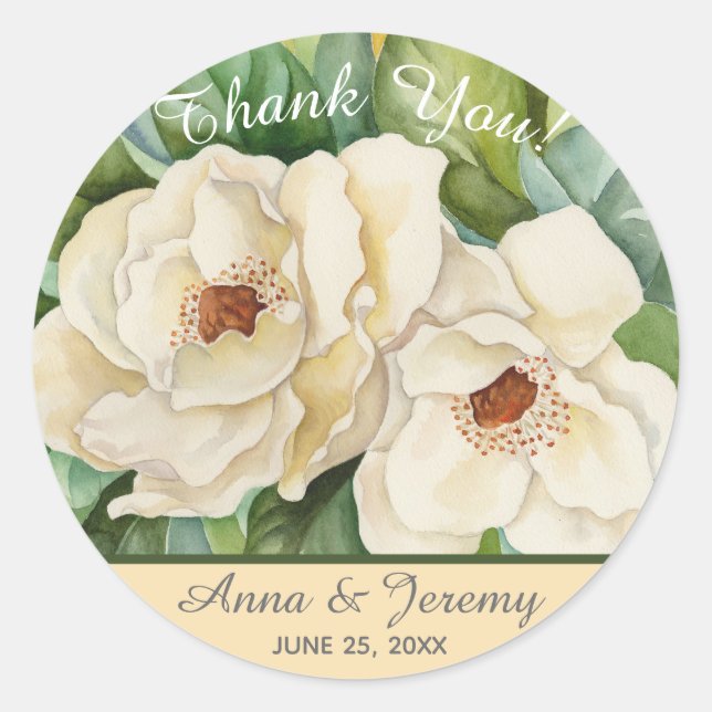 Watercolor White Magnolia Flowers Custom Painted Classic Round Sticker (Front)