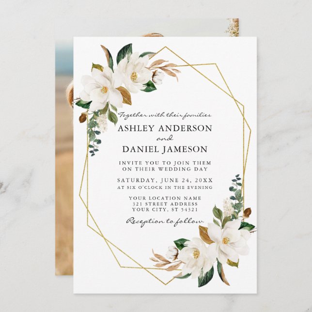 Watercolor White Magnolias Gold Photo Wedding Invitation (Front/Back)