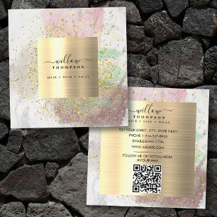 Watercolor White Marble Faux Gold Glitter QR Code Square Business Card