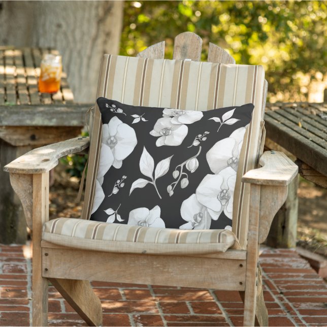 Watercolor White Orchid on Black | Cushion (Chair)