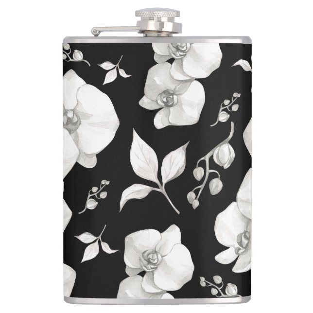 Watercolor White Orchid on Black | Hip Flask (Front)