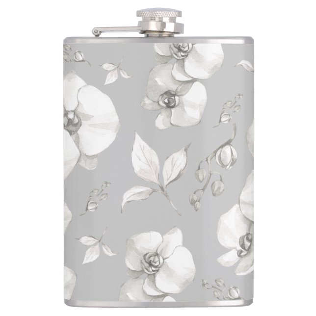Watercolor White Orchid on Grey | Hip Flask (Front)