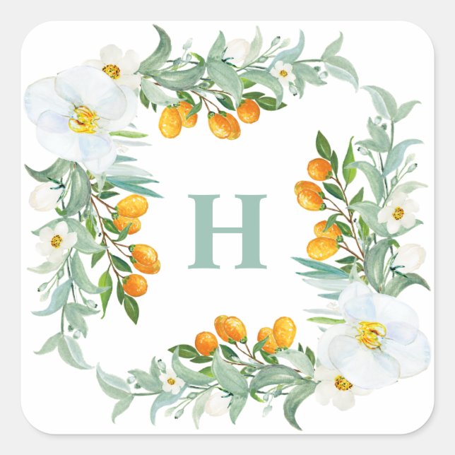 Watercolor White Orchids and Kumquats Monogram Square Sticker (Front)