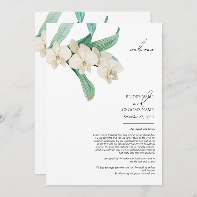 Watercolor White Orchids Floral Wedding Itinerary Program (Front/Back)