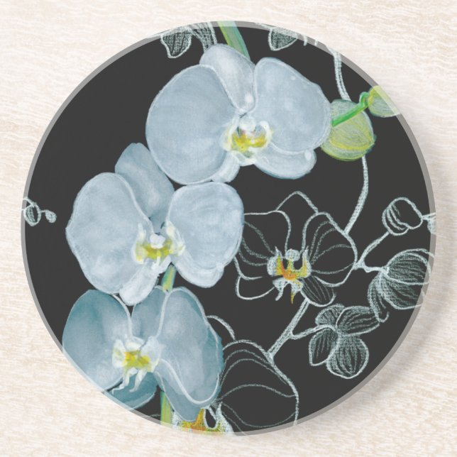 Watercolor White Orchids Pattern Coaster (Front)