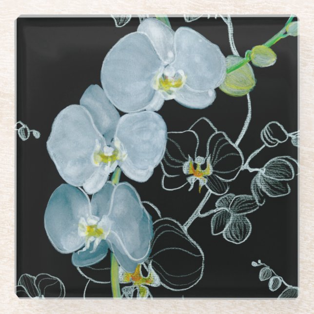 Watercolor White Orchids Pattern Glass Coaster (Front)
