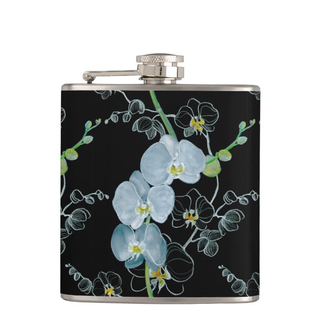 Watercolor White Orchids Pattern Hip Flask (Front)