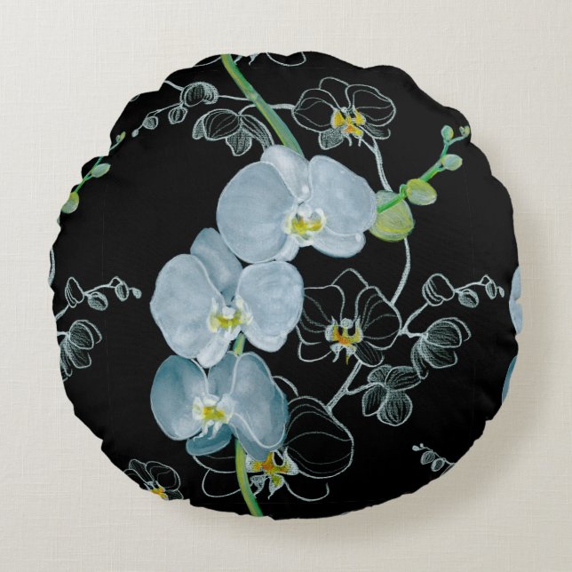 Watercolor White Orchids Pattern Round Cushion (Front)