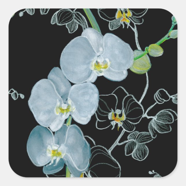 Watercolor White Orchids Pattern Square Sticker (Front)