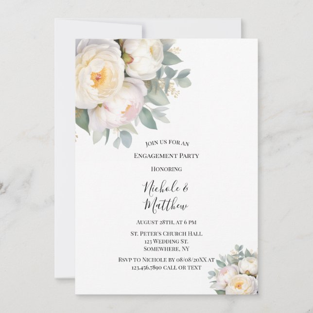 Watercolor White Peonies Engagement Party Invitation (Front)