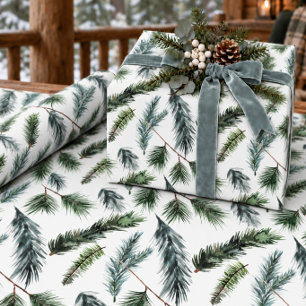 Watercolor White Pine Green & Blue Spruce Sprigs Wrapping Paper