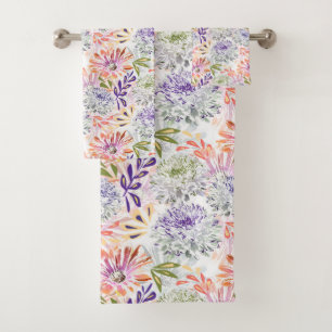 Watercolor white, pink flowers  bath towel set