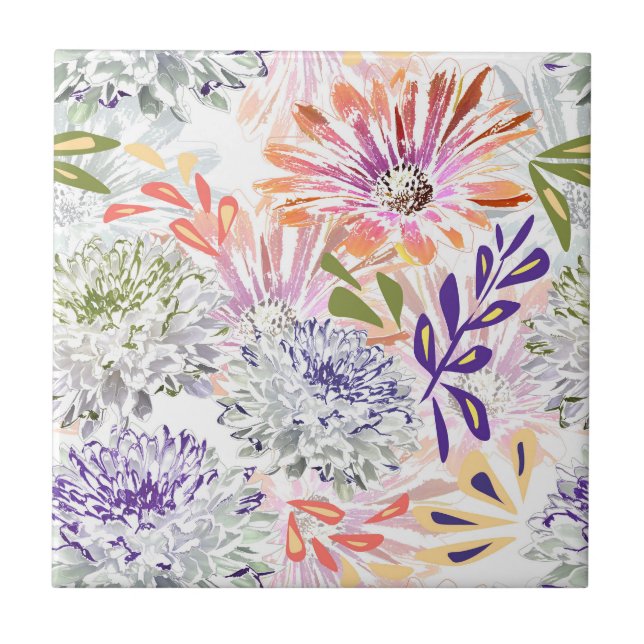 Watercolor white, pink flowers ceramic tile (Front)