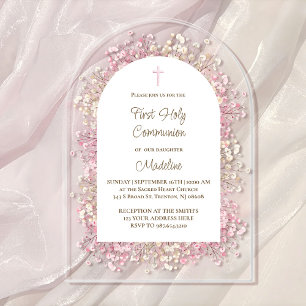 watercolor white pink flowers First Communion Acrylic Invitations