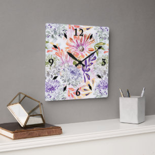 Watercolor white, pink flowers  square wall clock