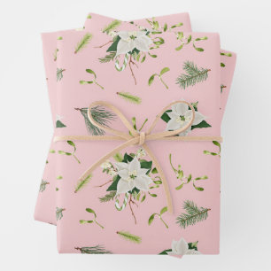 Watercolor White Poinsettia, Evergreen Christmas Wrapping Paper Sheet