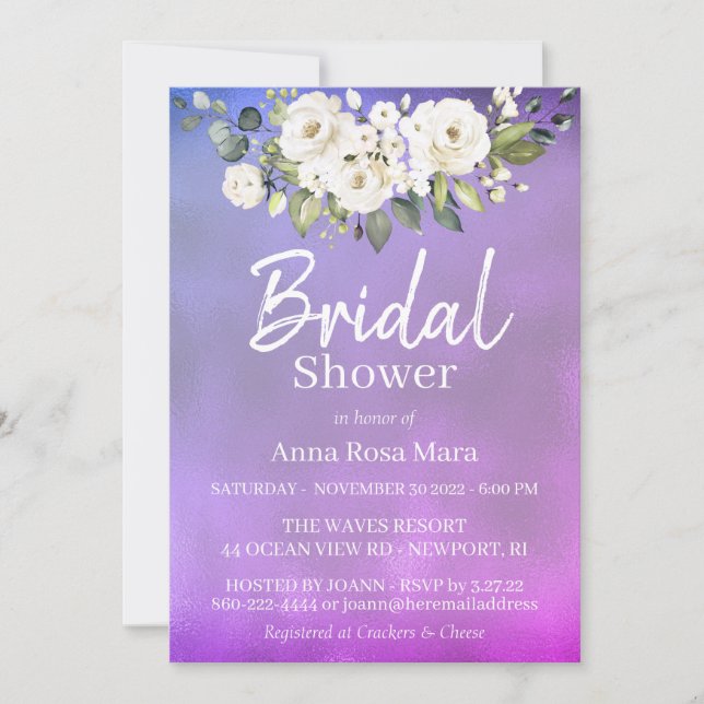 *~* Watercolor White Rose Bridal Shower Magenta Invitation (Front)