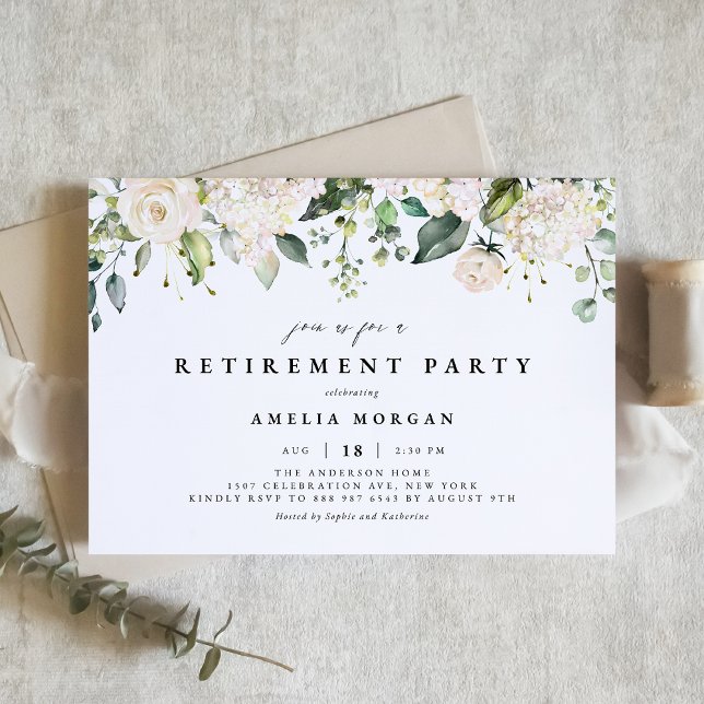 Watercolor White Rose & Hydrangea Retirement Party Invitation (Creator Uploaded)