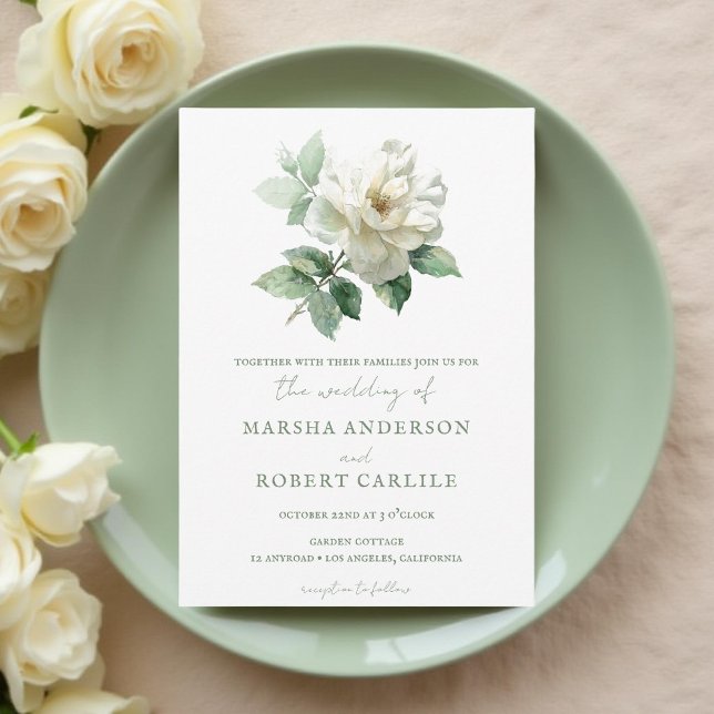 Watercolor White Rose Modern Botanical Invitation (Creator Uploaded)