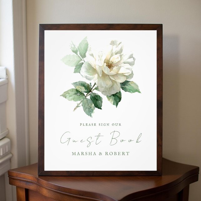 Watercolor White Rose Wedding Guest Book Sign (Creator Uploaded)