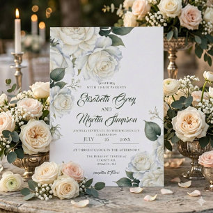 Watercolor White Rose Wedding Invitation