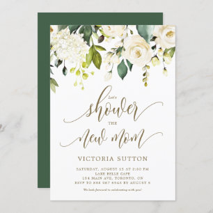 Watercolor White Roses and Hydrangeas Baby Shower Invitation