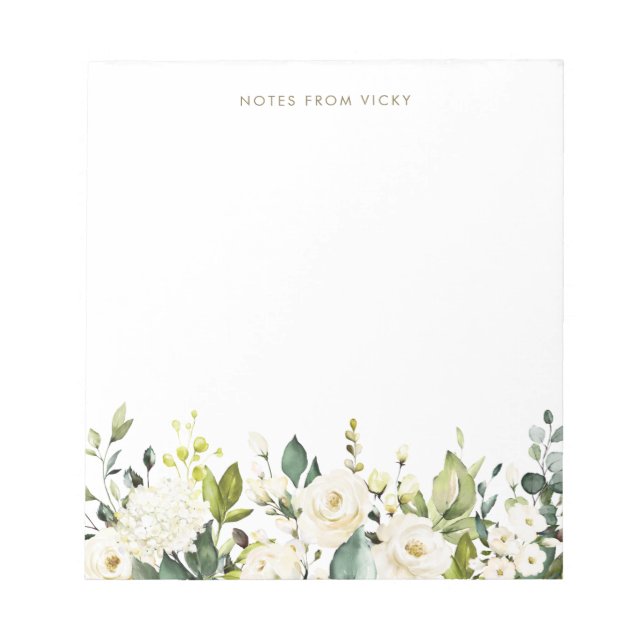 Watercolor White Roses and Hydrangeas Garland Notepad (Front)