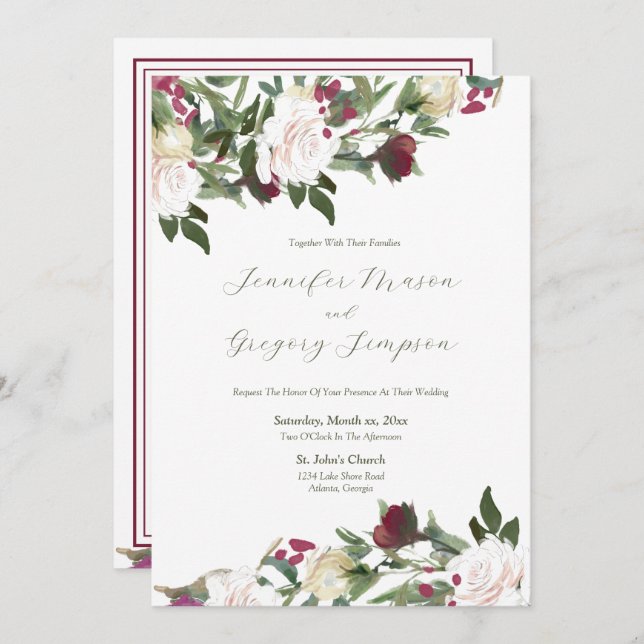 Watercolor White Roses, Cranberry Flowers Wedding Invitation (Front/Back)