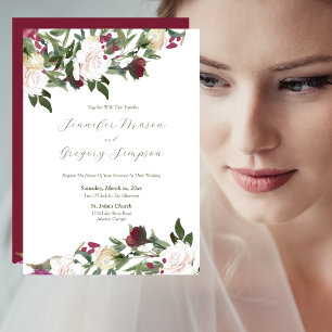 Watercolor White Roses, Cranberry Flowers Wedding Invitation