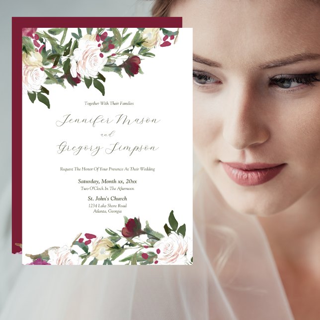 Watercolor White Roses, Cranberry Flowers Wedding Invitation (Creator Uploaded)