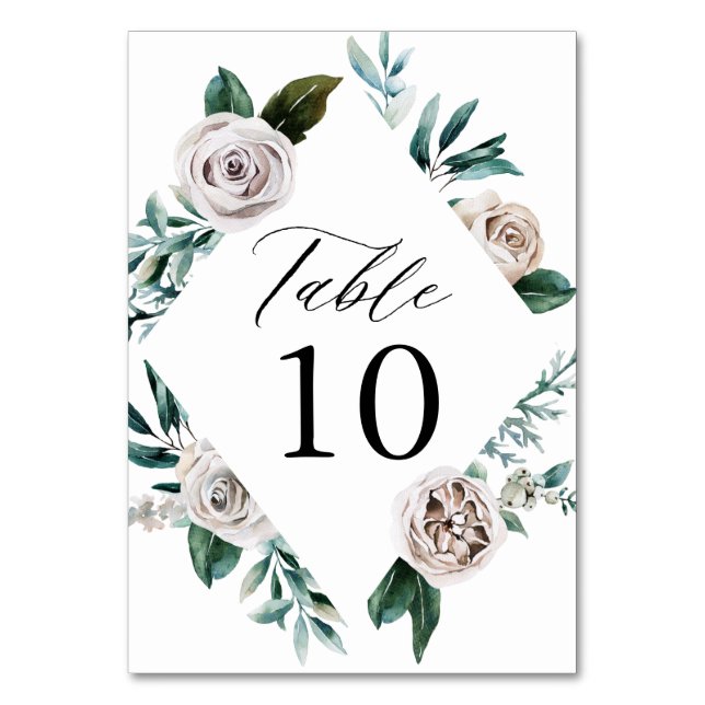 Watercolor White Roses Floral Frame Wedding Table Number (Front)