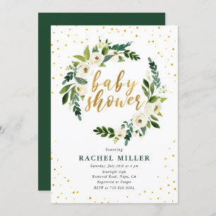 Watercolor White Roses Greenery Gold Baby Shower Invitation