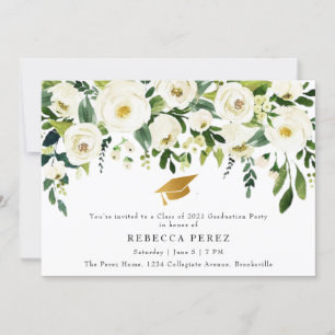 Watercolor White Roses Greenery Graduation Party Invitation