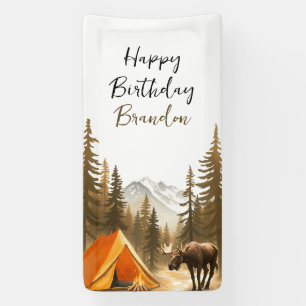 Watercolor White Rustic Woodland Camping Birthday Banner