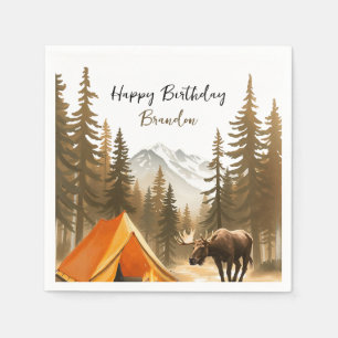 Watercolor White Rustic Woodland Camping Birthday Napkin