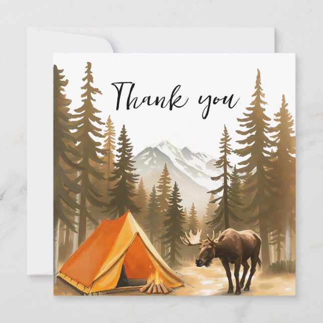 Watercolor White Rustic Woodland Camping Birthday Thank You Card (Front)