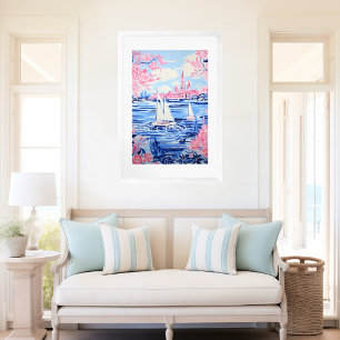 Watercolor White Sailboats Blue Waters Pink Floral Poster