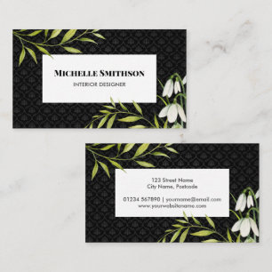Watercolor White Snowdrops and Laurel Damask Business Card